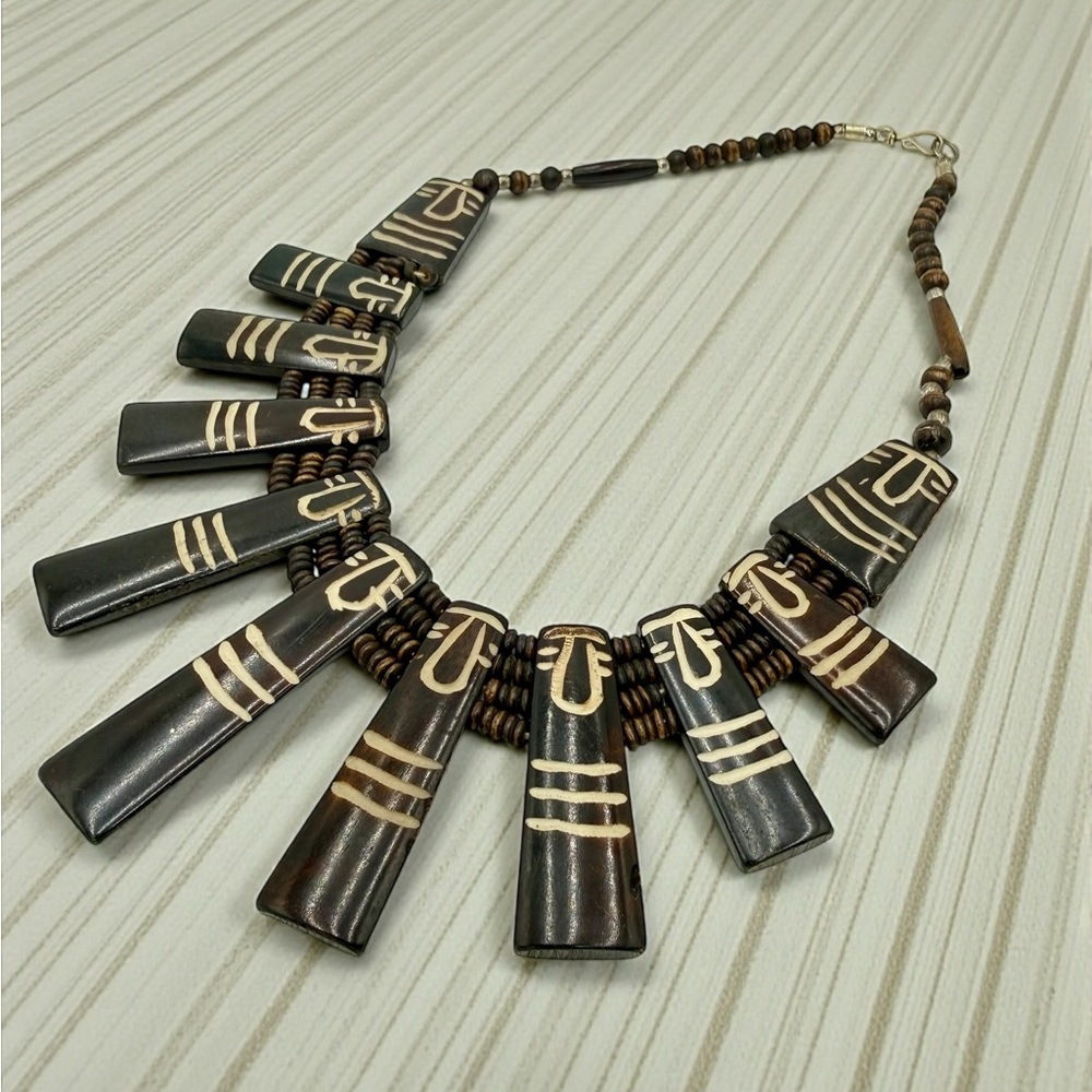Vintage Carved Bone Statement Bib Collar Necklace Tribal 118g - Picture 15 of 17
